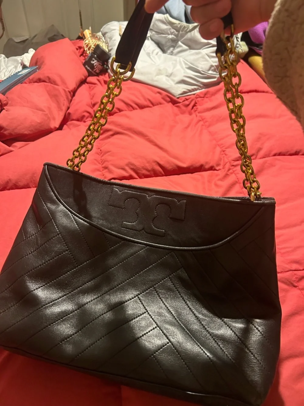 Tory Burch Black Quilted Leather Laptop Bag with Embossed Logo